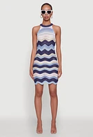 Womens Wavy Stripe Crochet Halter Dress,