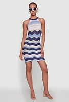 Womens Wavy Stripe Crochet Halter Dress,