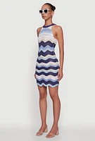 Womens Wavy Stripe Crochet Halter Dress,