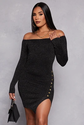 Womens Faux Button Detail Off the Shoulder Dress,