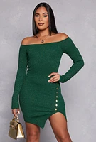 Womens Faux Button Detail Off the Shoulder Dress, Green, Size L