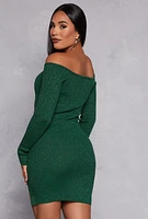 Womens Faux Button Detail Off the Shoulder Dress, Green, Size L