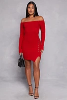 Womens Faux Button Detail Off the Shoulder Dress, Red,