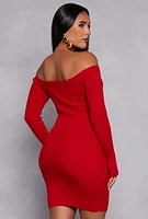 Womens Faux Button Detail Off the Shoulder Dress, Red,