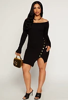 Womens Ribbed Faux Button Detail Asymmetrical Dress, Black, Size S