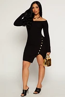 Womens Ribbed Faux Button Detail Asymmetrical Dress, Black, Size S