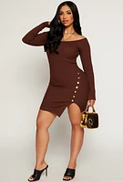 Womens Ribbed Faux Button Detail Asymmetrical Dress, Brown, Size M