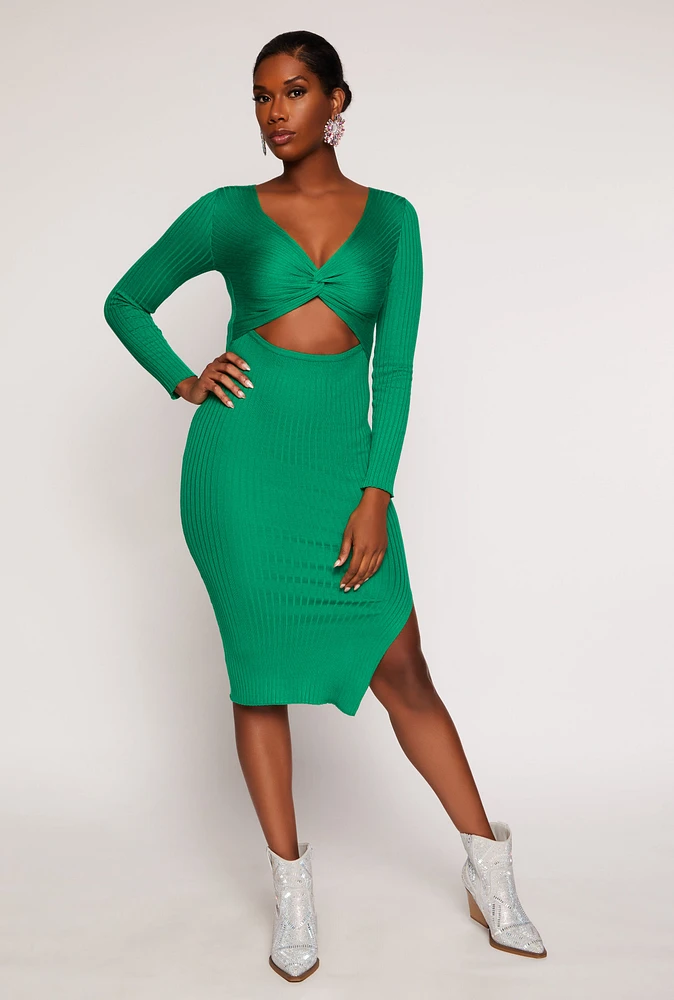Womens Twist Front Cut Out Side Slit Midi Dress, Green, Size S