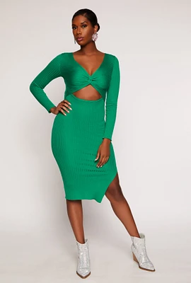 Womens Twist Front Cut Out Side Slit Midi Dress, Green, Size S