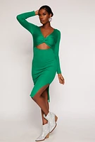 Womens Twist Front Cut Out Side Slit Midi Dress, Green, Size S