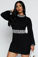 Womens Greek Key Trim Mini Sweater Dress,