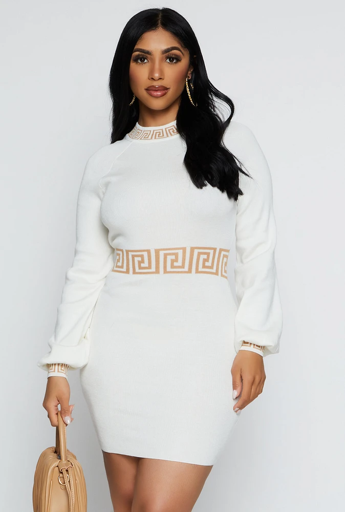 Womens Greek Key Trim Mini Sweater Dress, White, Size L