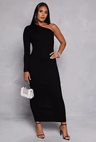 Womens One Shoulder Maxi Sweater Dress, Black, Size XL