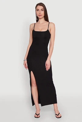 Womens Rib Knit Side Slit Midi Dress, Black, Size S