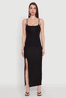 Womens Rib Knit Side Slit Midi Dress, Black, Size S