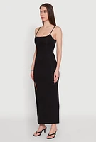 Womens Rib Knit Side Slit Midi Dress, Black, Size S