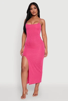 Womens Rib Knit Side Slit Midi Dress, Pink, Size M