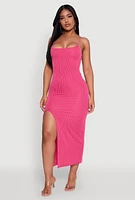 Womens Rib Knit Side Slit Midi Dress, Pink, Size M