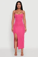 Womens Rib Knit Side Slit Midi Dress, Pink, Size M