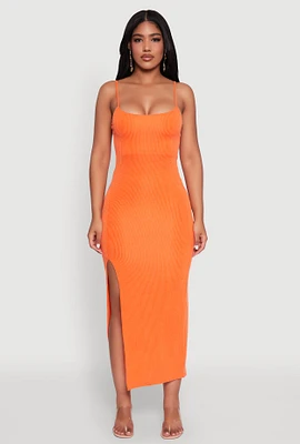 Womens Rib Knit Side Slit Midi Dress,
