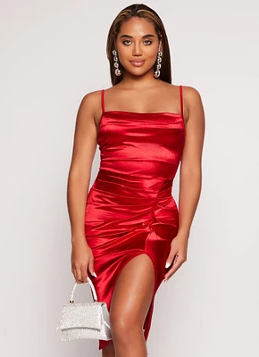 Womens Satin Cowl Neck Ruched Side Cami Dress, Red, Size M