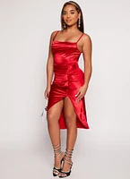 Womens Satin Cowl Neck Ruched Side Cami Dress, Red, Size M