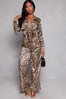 Womens Satin Leopard Print Tie Front Top and Wide Leg Pants, Brown, Size M