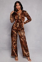 Womens Satin Leopard Print Crop Top and Pants Set, Brown,