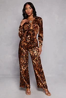 Womens Satin Leopard Print Crop Top and Pants Set, Brown,