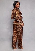 Womens Satin Leopard Print Crop Top and Pants Set, Brown,