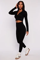 Womens Ribbed Knit Zip Front Crop Top and Leggings Set, Black, Size L