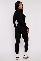 Womens Ribbed Knit Zip Front Crop Top and Leggings Set, Black, Size L