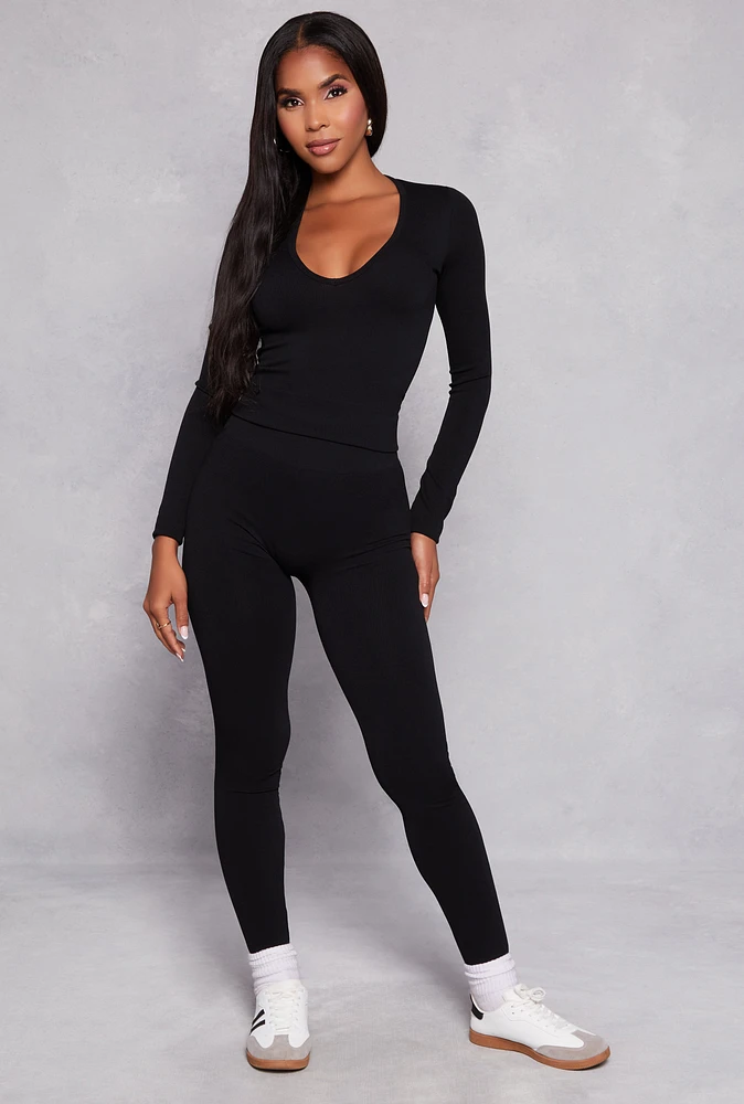 Womens Seamless Ribbed Knit Long Sleeve Top and Leggings Set, Black,
