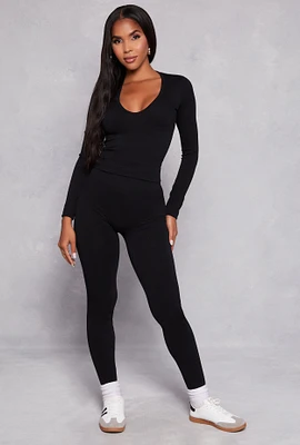 Womens Seamless Ribbed Knit Long Sleeve Top and Leggings Set, Black,