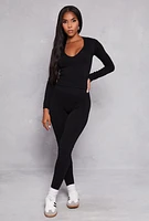 Womens Seamless Ribbed Knit Long Sleeve Top and Leggings Set, Black, Size S