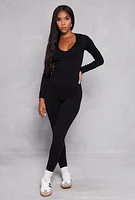 Womens Seamless Ribbed Knit Long Sleeve Top and Leggings Set, Black,