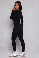 Womens Seamless Ribbed Knit Long Sleeve Top and Leggings Set, Black,