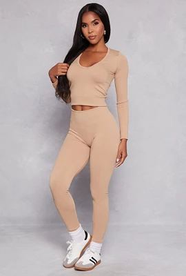 Womens Seamless Ribbed Knit Long Sleeve Top and Leggings Set, Beige,
