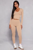 Womens Seamless Ribbed Knit Long Sleeve Top and Leggings Set, Beige, Size M