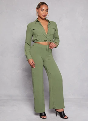 Womens Crepe Knit Cropped Shirt and Pants Set, Green, Size L