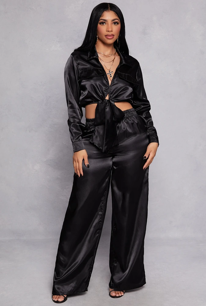 Womens Satin Tie Front Crop Top and Wide Leg Pants,