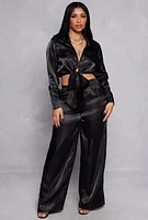 Womens Satin Tie Front Crop Top and Wide Leg Pants,