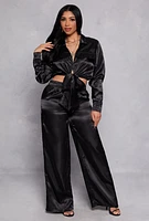 Womens Satin Tie Front Crop Top and Wide Leg Pants,