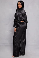 Womens Satin Tie Front Crop Top and Wide Leg Pants,