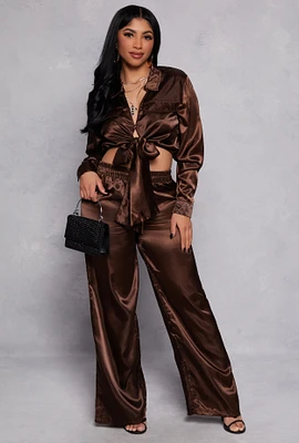 Womens Satin Tie Front Crop Top and Wide Leg Pants, Brown, Size M