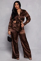 Womens Satin Tie Front Crop Top and Wide Leg Pants, Brown, Size S