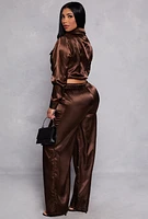 Womens Satin Tie Front Crop Top and Wide Leg Pants, Brown, Size S