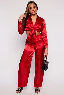 Womens Satin Tie Front Crop Top and Wide Leg Pants, Red, Size M