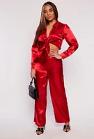 Womens Satin Tie Front Crop Top and Wide Leg Pants, Red, Size M