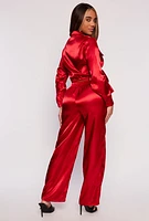 Womens Satin Tie Front Crop Top and Wide Leg Pants, Red, Size M